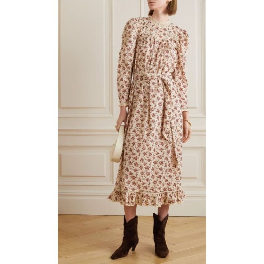 Doen Gabrielle Dress Midi Dress In Burgundy Songbird Toile Sz M - Picture 10 of 10